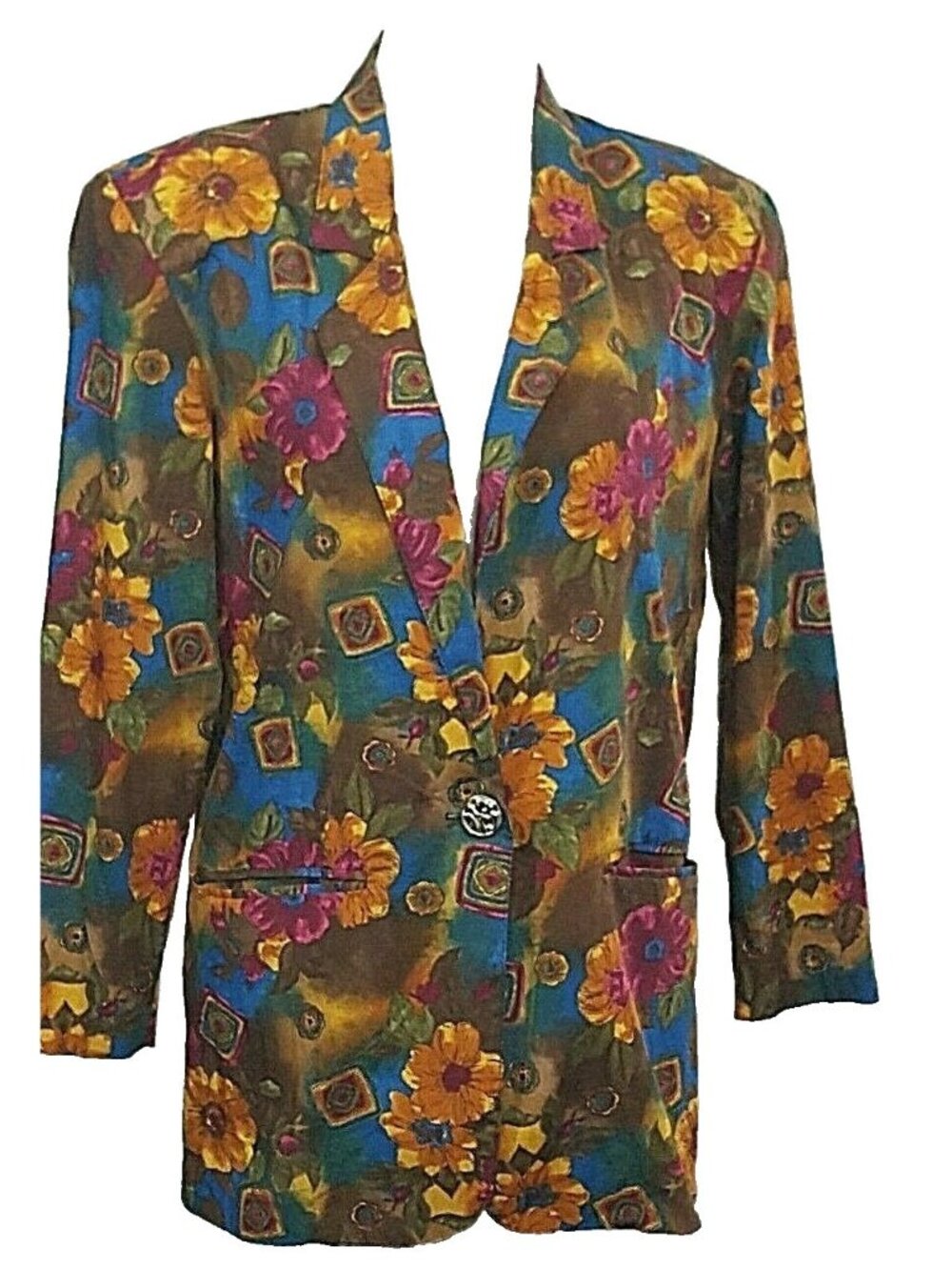 Womens Blazer Small Vintage 80s Brown Gold Floral Pockets Boxy‎ Lagenlook Artsy